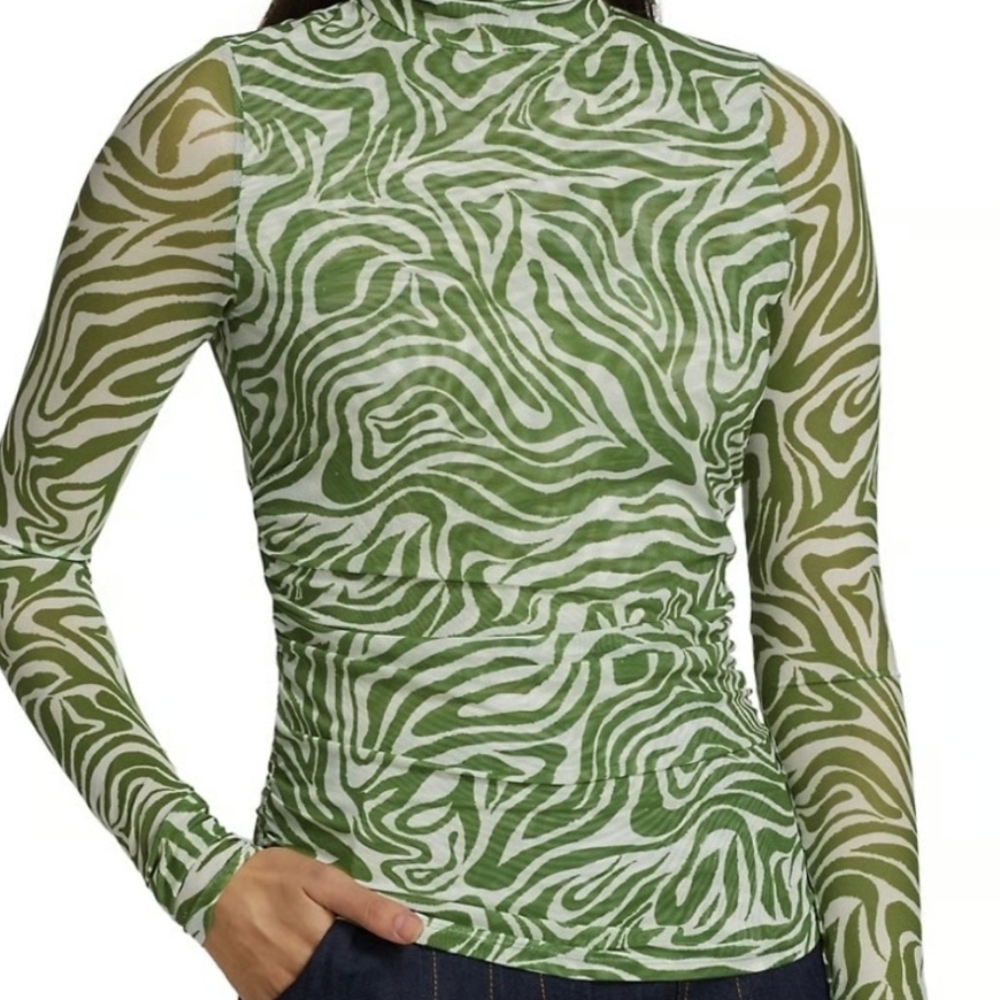 Cinq à Sept Green and White Zebra Long Sleeve Top